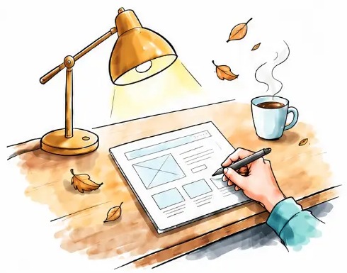 Hand sketching a website layout at a desk