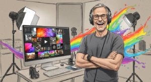 Smiling middle-aged male video creator in gray tee-shirt with headphones on. Computer screen with colorful images. In home studio with video lights. Splash of rainbow colors across background.