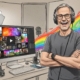 Smiling middle-aged male video creator in gray tee-shirt with headphones on. Computer screen with colorful images. In home studio with video lights. Splash of rainbow colors across background.