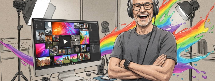 Smiling middle-aged male video creator in gray tee-shirt with headphones on. Computer screen with colorful images. In home studio with video lights. Splash of rainbow colors across background.